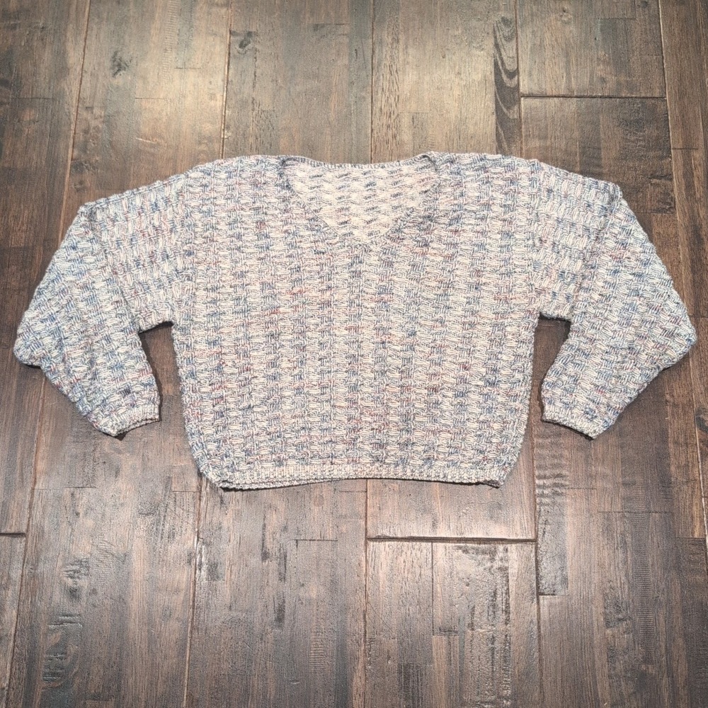 Womens Multicolored Knit V Neck Cropped Sweater Medium Chunky‎ Stripe Textured
